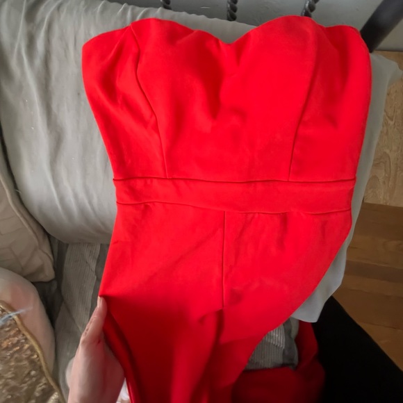 Trumpet Mermaid front Slit Dress Ruffle Gown Strapless Red Party Cocktail - Picture 6 of 9